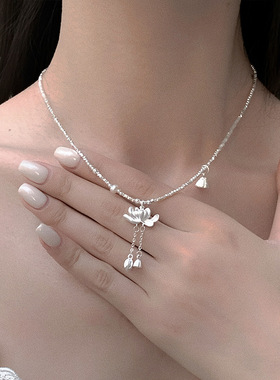 新中式莲花流苏吊坠碎银子项链女复古轻奢优雅个性百搭颈链锁骨链
