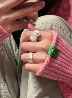 哑光金属蝴蝶结爱心戒指女小众独特个性时尚潮流气质百搭指环戒子