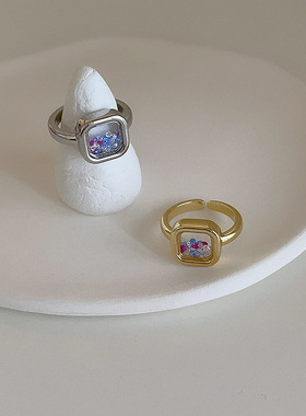 可活动锆石方形金属开口戒指女韩国小众个性简约百搭气质指环戒子