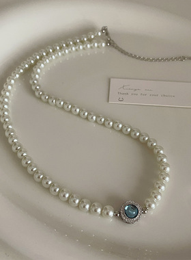 法式复古蓝色猫眼石珍珠项链女小众设计个性简约百搭颈链毛衣链