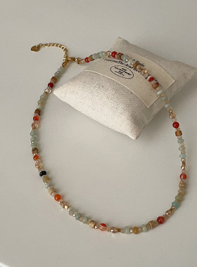 夏季多巴胺彩色天然石水晶串珠项链女小众设计感百搭颈链锁骨链