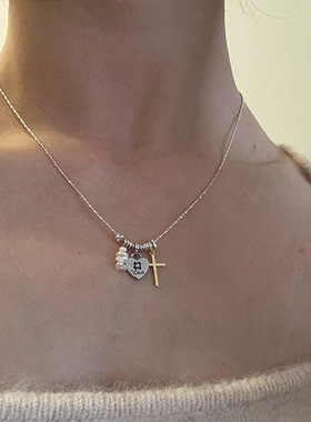 碎银子金属珍珠爱心十字架流苏项链女个性简约百搭气质颈链锁骨链