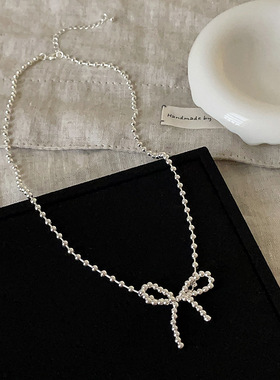 轻奢小众少女感金属圆珠链蝴蝶结项链女法式复古优雅颈链锁骨链