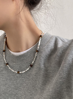 小众设计感碎银子虎眼石项链女复古优雅高级气质百搭颈链锁骨链