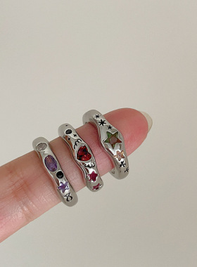 彩色锆石爱心星星金属开口戒指女韩国小众复古个性简约百搭指环