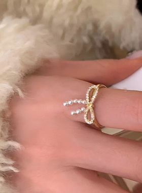 细闪锆石蝴蝶结珍珠开口戒指女轻奢优雅温柔个性时尚百搭指环戒子