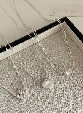 双层锆石金属花朵爱心项链女设计感小众复古个性百搭颈链锁骨链