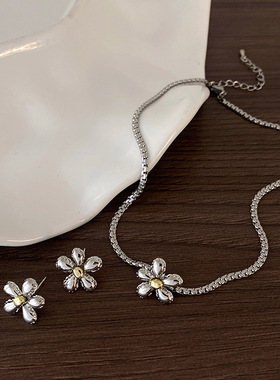 小众设计感金属花朵耳钉项链女韩国个性简约百搭气质时尚耳环耳饰