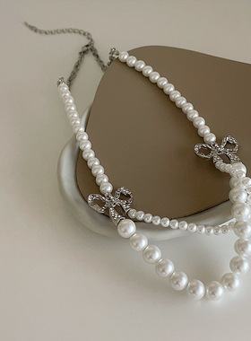 珍珠交错蝴蝶结项链女韩国小众复古个性百搭气质时尚颈链锁骨链