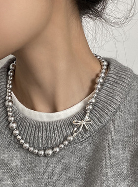 法式复古蝴蝶结渐变大小珍珠项链女小众设计感个性百搭颈链锁骨链