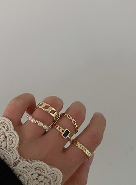 冷淡风复古链条珍珠戒指套装女韩国简约百搭小众气质个性指环戒子