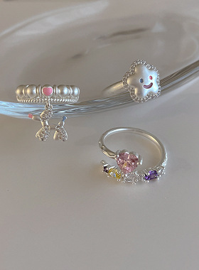 小众设计感哑光金属彩钻爱心笑脸戒指女复古个性百搭气质指环戒子