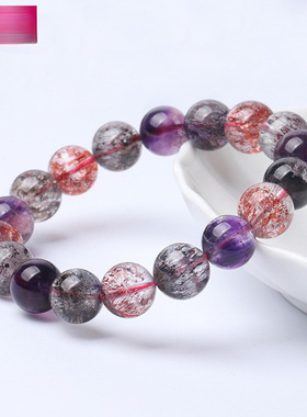 正宗天然水晶超七水晶手链三轮骨干超七紫发晶莓晶单圈饰品手链