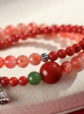 925冰飘南红碧玉双圈串珠手链女时尚高级感南红蜜蜡手串手饰批发
