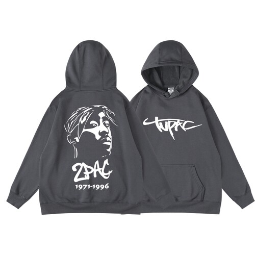 嘻哈饶舌说唱tupac潮品欧美风秋冬加绒连帽衫 男印花卫衣宽松运动 - 图0