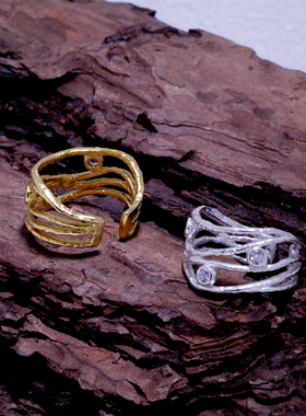 S925纯银指环韩版INS小众设计感微镶锆石线条肌理质感开口戒指女