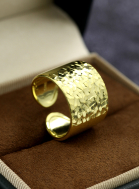 S925纯银车花锤纹宽版戒指