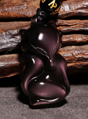 彩虹眼黑曜石小狐狸九尾狐吊坠女