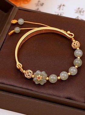 新款网红抖音玉兔和田玉吊坠半镯手链古风绣球可调节手镯送闺蜜