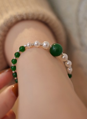 新中式绿玉髓玛瑙施家珍珠项链春夏女锁骨项链高级感小众颈链饰品