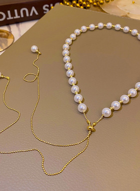 2021年新款韩国名媛风珍珠颈链抽拉式时尚项链女小众设计感choker
