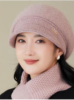 帽子女秋冬季加厚保暖毛绒鸭舌帽休闲围巾套装护耳加绒百搭妈妈帽