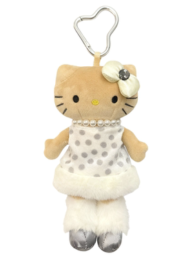 日本正版HelloKitty贵妇披肩黑皮公仔长腿书包挂件kt毛绒玩偶挂饰