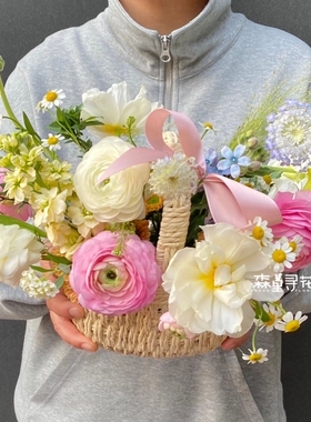 教师节纸绳手提花篮田园风花篮插花女神节礼物手提篮子花艺花店