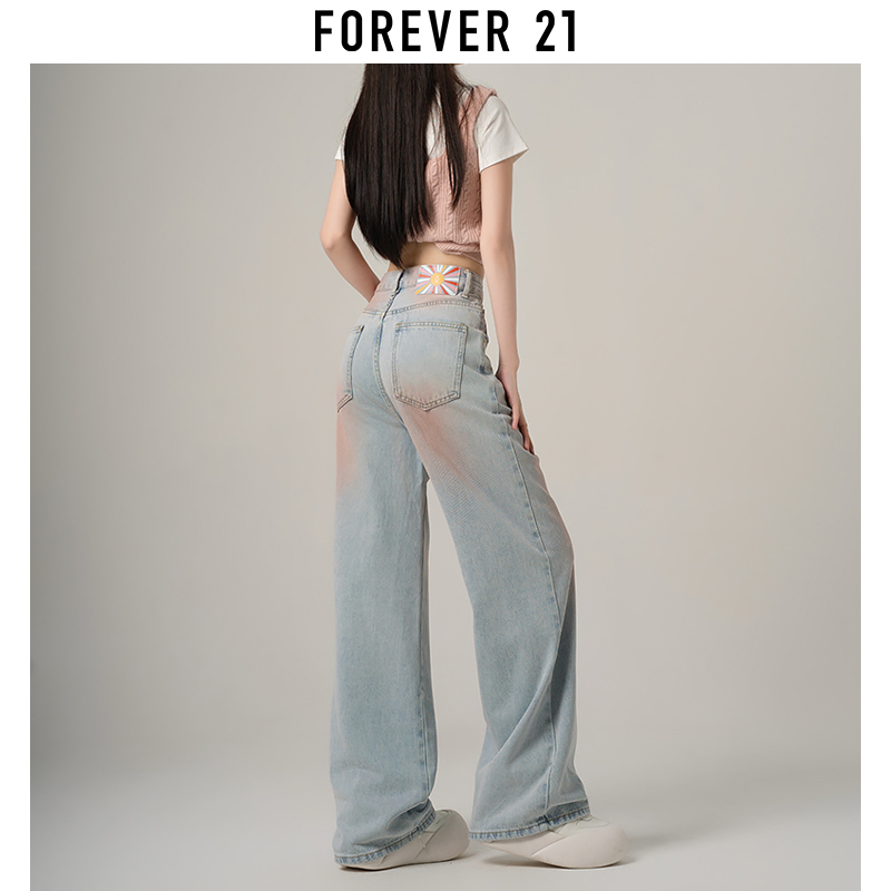 forever 21复古阔腿牛仔裤女2024年新款小个子直筒拖地腮红裤春秋