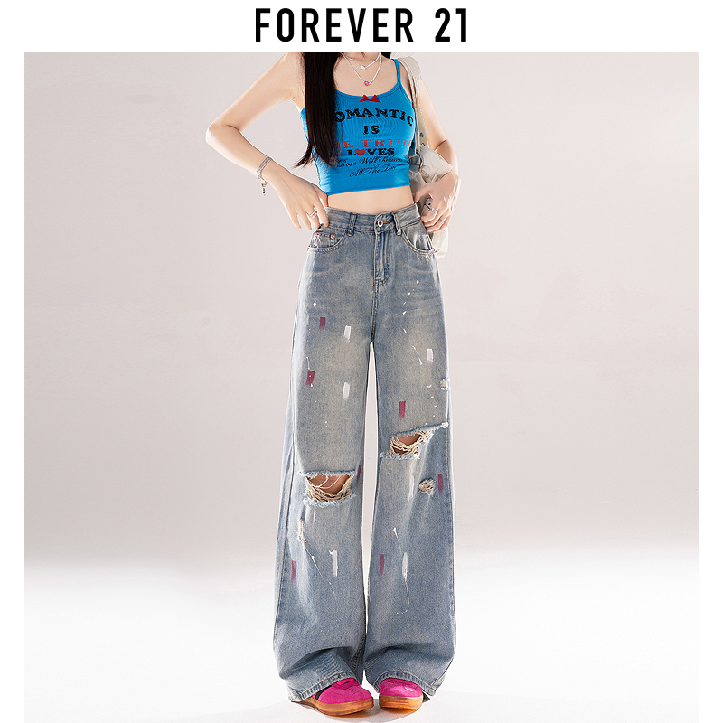 Forever 21破洞阔腿牛仔裤女夏季2024年新款高腰涂鸦窄版直筒裤子