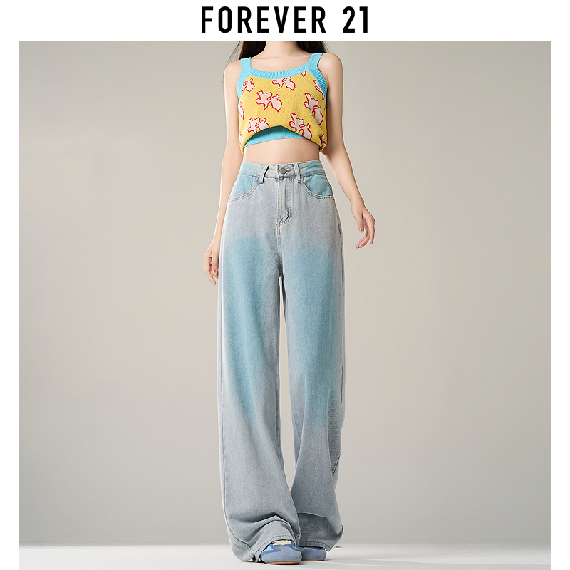 Forever 21腮红蓝色渐变直筒牛仔裤女2024年新款复古垂感阔腿裤子