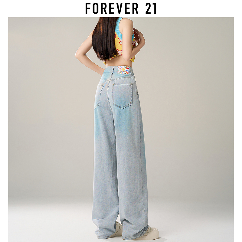 Forever 21腮红蓝色渐变直筒牛仔裤女2024年新款复古垂感阔腿裤子