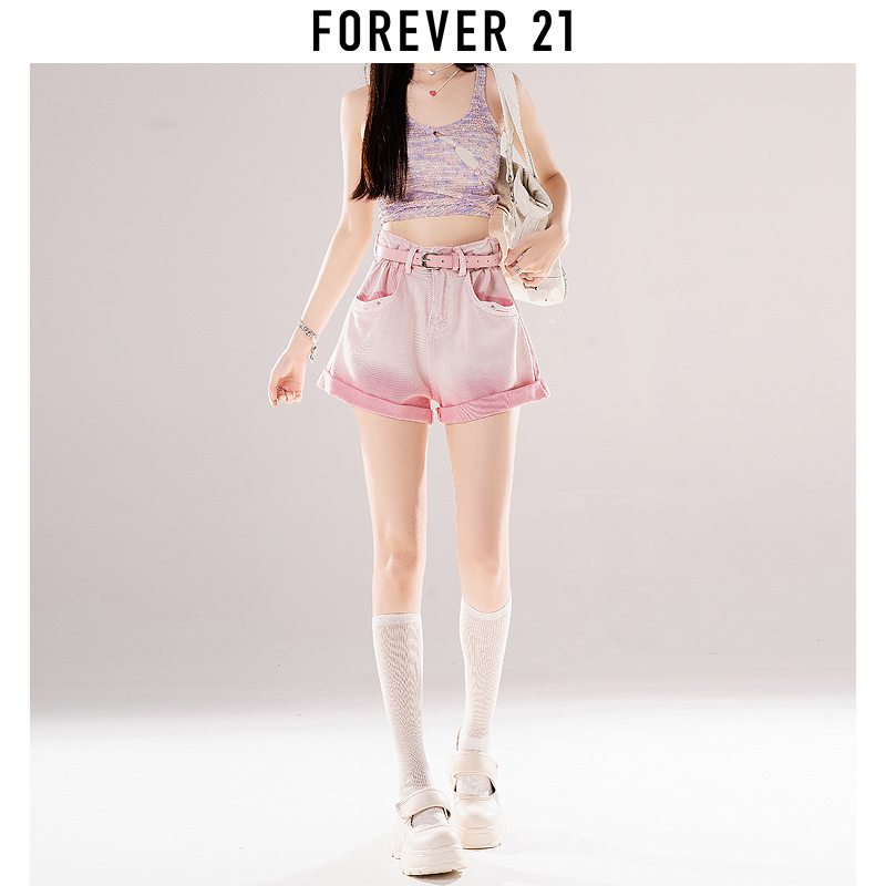 Forever 21小个子渐变牛仔短裤女高腰多巴胺穿搭a字阔腿卷边热裤