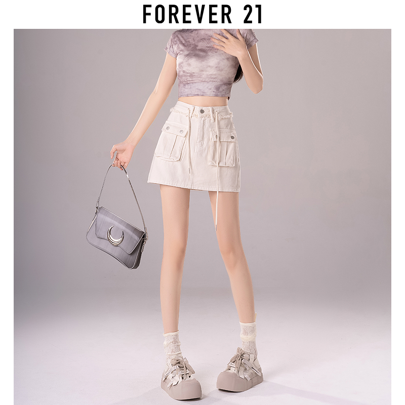 Forever 21美式工装半身裙女高腰辣妹A字牛仔裙米白包臀超短裙子 - 图1