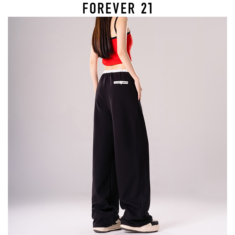 Forever 21黑色运动裤女春夏2024新款休闲高腰垂感小个子阔腿卫裤