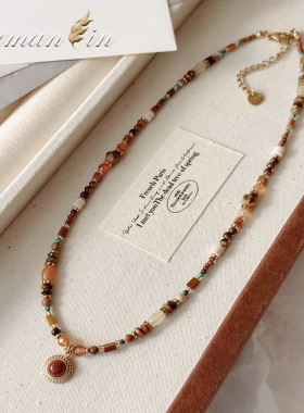 复古棕色金沙石彩色串珠项链