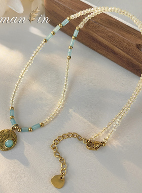 湖蓝色天然石头彩色串珠锁骨链