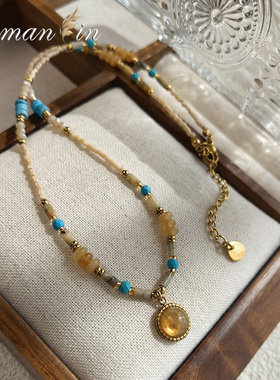 天然石黄蓝色串珠项链女款