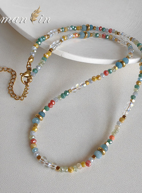 蓝色串珠多巴胺项链叠戴锁骨链