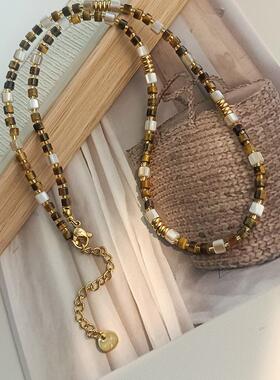 复古美拉德风虎眼石贝壳串珠项链