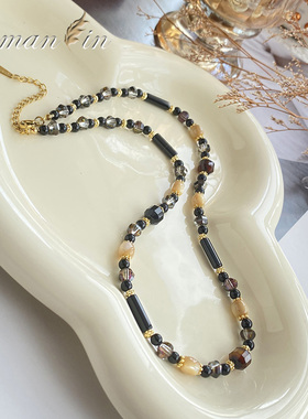 清冷风甜酷黑色串珠叠戴项链