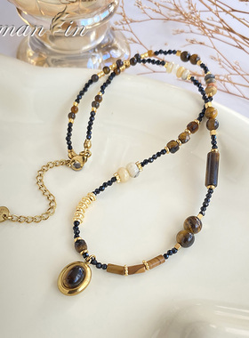 黑棕色虎眼石复古小众设计项链