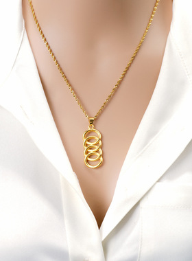 新款女士四环吊坠项链套装沙金