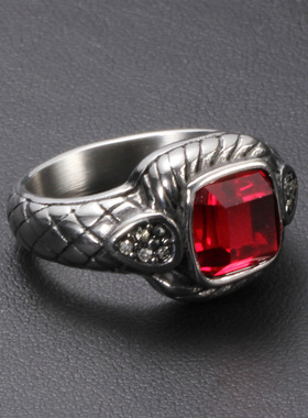 饰品霸气风红色玛瑙宝石钛钢戒指
