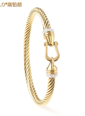 ROBELO设计欧美不锈钢电缆c形手镯麻花马蹄男女士手环 C bracelet