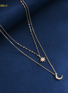 瑞铂朗 时尚网红ins风星星月亮925双层项链女六芒星锁骨链颈链