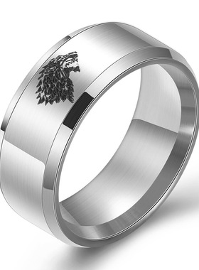 男士光面钛钢狼头饰品戒指