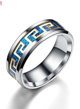 瑞铂朗新款跨境欧美微镶封釉长城纹 男女个性钛钢戒指