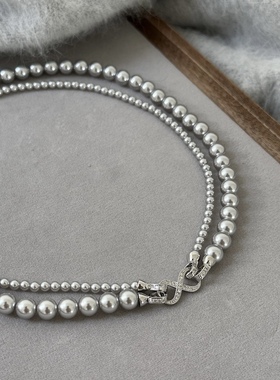 cc手作法式复古双层秋冬毛衣链两戴八字扣白银灰色项链百搭轻奢风