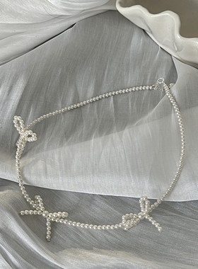 cc手作 甜美蝴蝶结珍珠项链锁骨链s925银气质少女手工串珠ins风